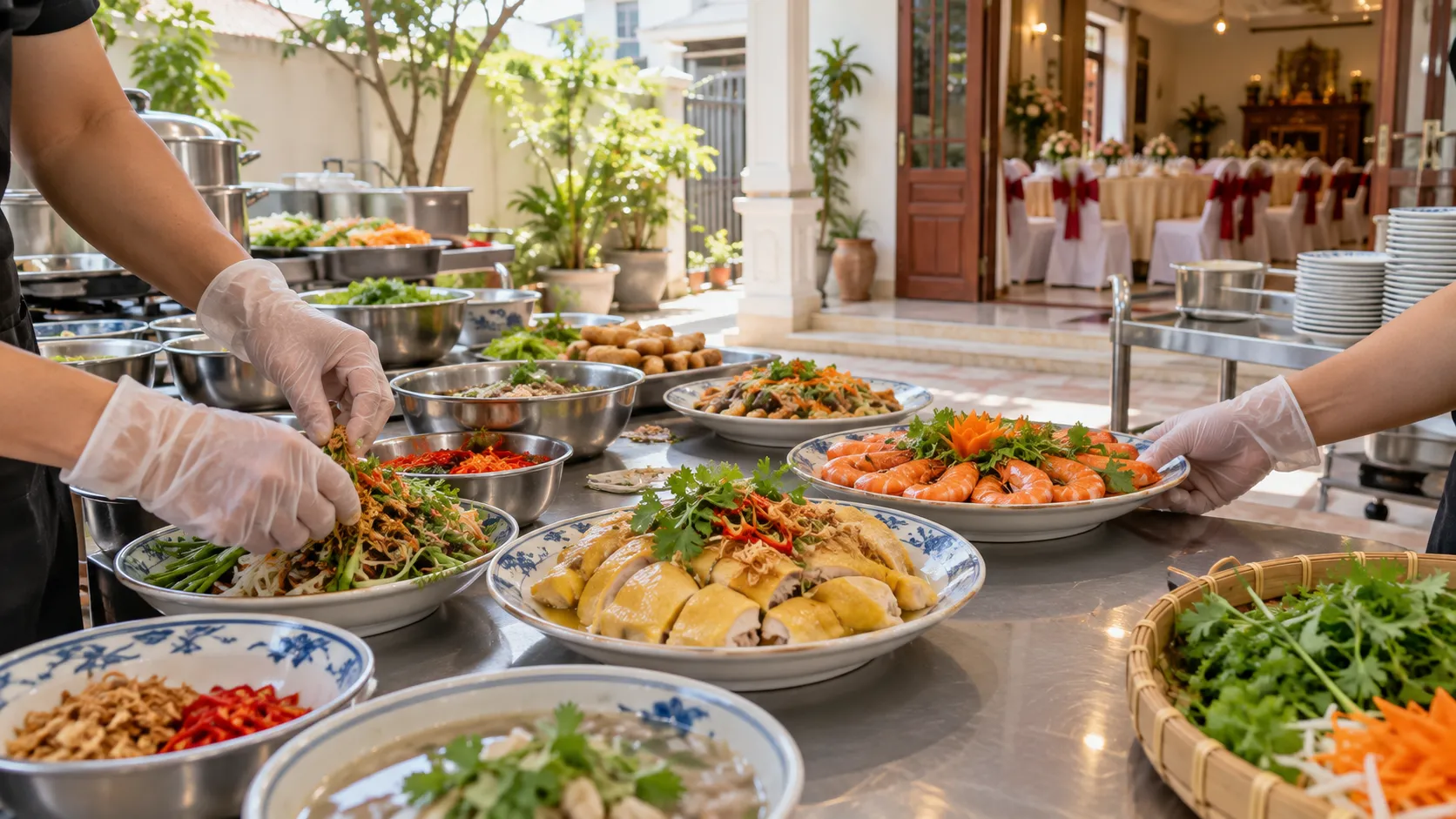 Ảnh minh họa khâu chuẩn bị và chia món tiệc cưới tại khu bếp cạnh sân nhà