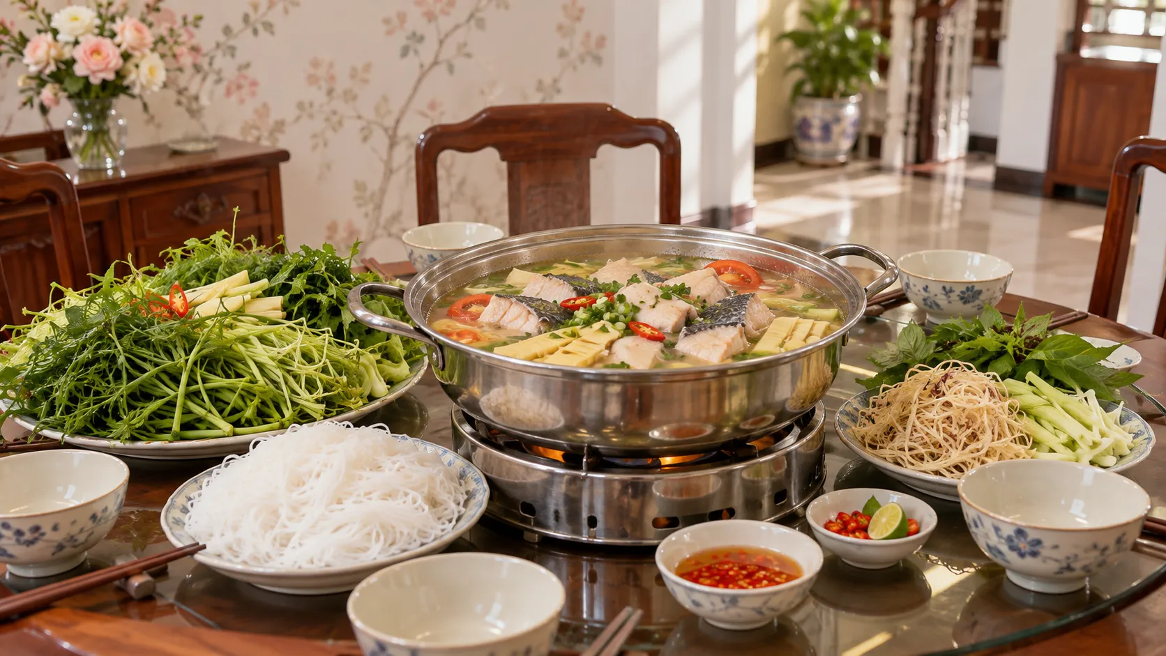 Ảnh minh họa nồi lẩu cá lăng và rau đặt trên bàn ăn gia đình sau lễ hỏi