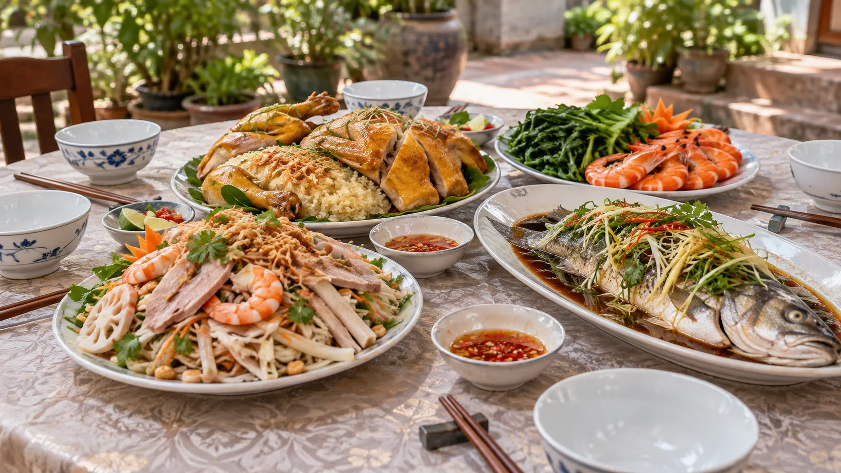 Ảnh minh họa gỏi, cá hấp, gà ăn cùng xôi và tôm trong thực đơn tiệc cưới tại nhà